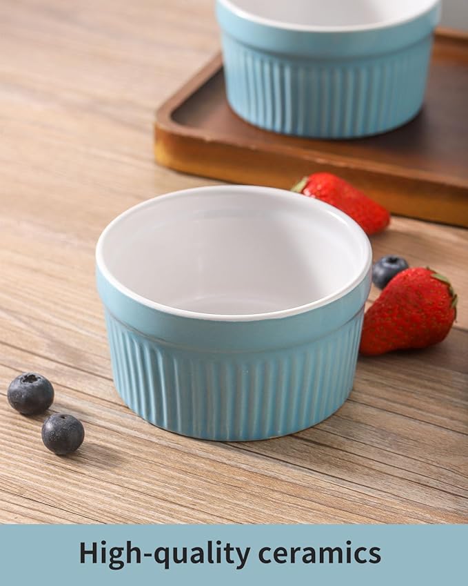 Hasense Ramekins Oven Safe, 8 oz Creme Brulee Ramekins Set of 2, Microwave & Dishwasher Safe Souffle Baking Cups for Pudding, Ice Cream, Custard, Dessert Bowls Porcelain, Sky Blue