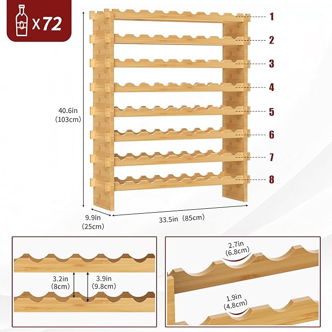 VASMIA Bamboo Stackable Wine Rack,72 Bottles Wine Rack Freestanding Floor,No Tools Assembly,8-Tier Display Wine Storage Shelf for Kitchen, Bar, Dining Room,Cellar,Natural