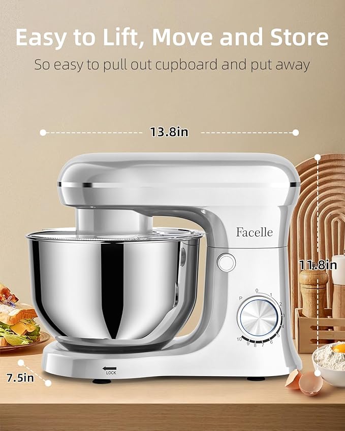 Facelle Tilt-Head Stand Mixer, 5QT+6QT Stainless Steel Two Bowls, 10 Speeds Kitchen Electric Food Mixer with Egg Whisk, Dough Hook, Beater, Dishwasher-Safe Attachment, Ideal Gift for Mom