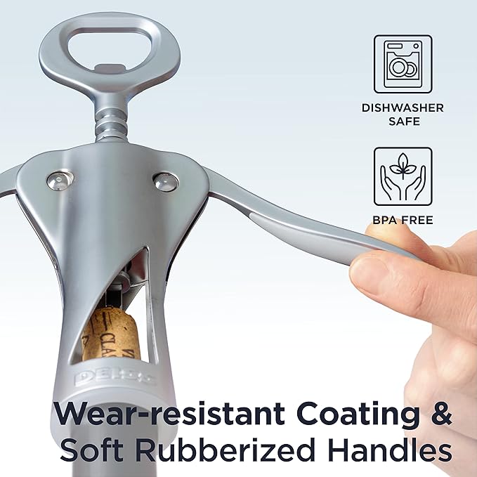 Deiss LUX Wine Opener, All-Metal Wing Corkscrew Wine Bottle Opener with Built-in Beer Bottle Opener - Ergonomic Cork Screw Wine Corker, Silver Matte Coating, Velvet Storage Pouch (SILVER)