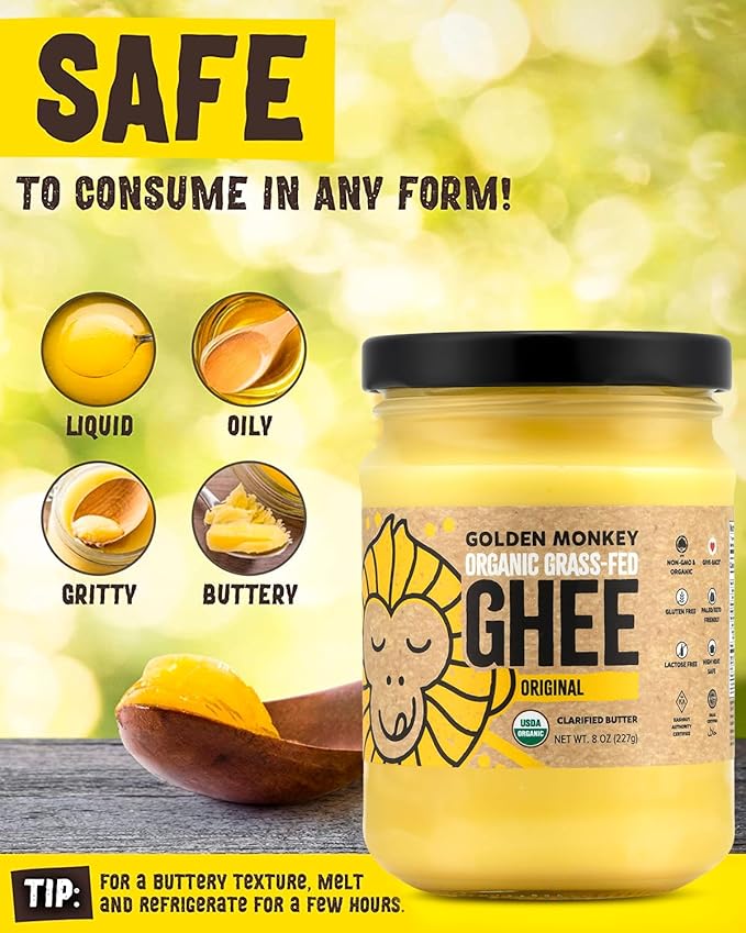 GOLDEN MONKEY Organic Ghee Butter – Grass Fed Clarified Butter for Cooking, Baking, Keto & Gut Health – Ghee Butter Organic Grass Fed from Small Farms – Smooth Spread with High Smoke Point (8oz)