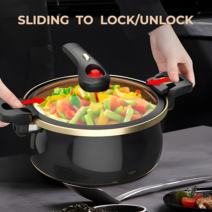 Nonstick Ceramic Coated Sauce Pan with Lid Black Crock Pot with Twist & Lock Handles, Micro Pressure Cooker Versatile Cookware for Stovetops, PFOA-Free Toxin-Free, Easy to Clean (BLACK, 7.5Quarts)