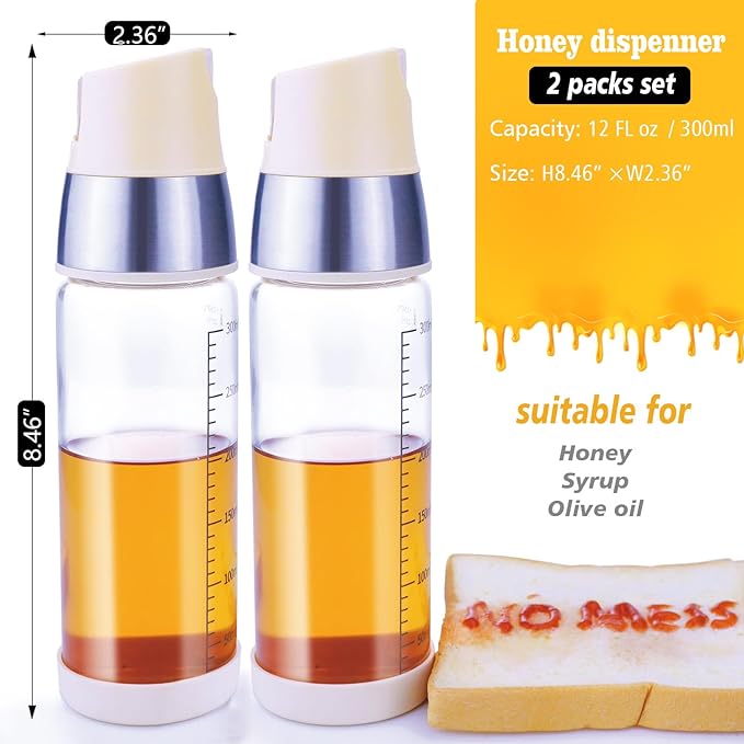 Honey Dispenser No Drip, Maple Syrup Bottle, Olive Oil Dispenser, Honey Jar with Stand, Beautiful Bottle Container, Perfect Honey Pot