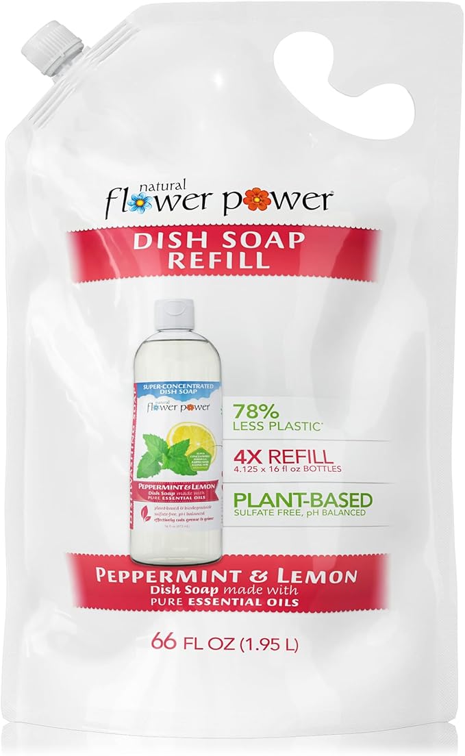 Liquid Dish Soap Refill – 66 Fl Oz Refills 4X – Plant-Based & Scented w/Pure Essential Oils – Natural Dishwashing Detergent – Sulfate-Free Kitchen Soap (Peppermint & Lemon)