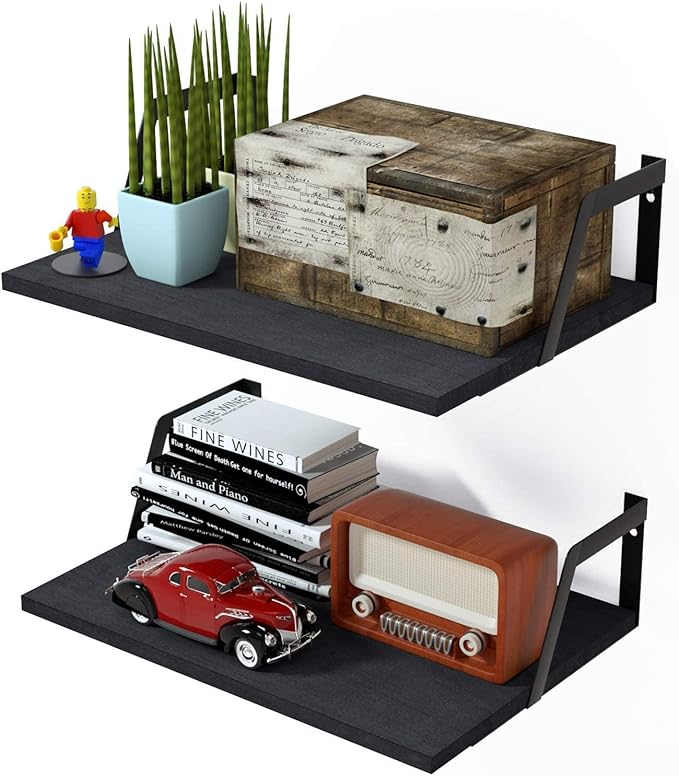 SRIWATANA Floating Shelves Wall Mounted Set of 2 Rustic Wood Shelves with Large Capacity(Black