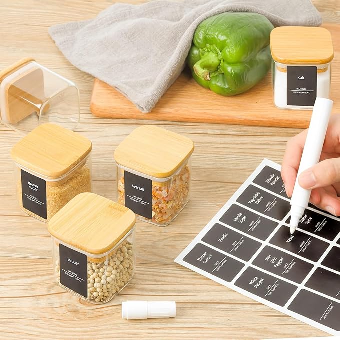 ComSaf Spice Jars with Labels 4 oz 6Pack, Small Spice Containers Starter Set, Glass Seasoning Jars with Lids, Square Seasoning Containers for Salt, Pepper, Chili Powder, Sugar, Ginger Ground, Cumin
