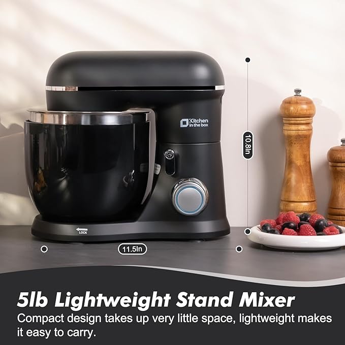 Kitchen in the Box Stand Mixer, 3.5QT Two Bowls Small Kitchen Electric Mixer, 10-Speed Portable Lightweight Matte Finish with Egg Whisk, Dough Hook, Beater (Onyx Black, 3.5QT)