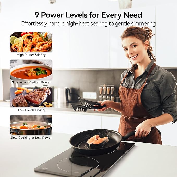 12 Inch Induction Cooktop 3500W, TECASA Built-in Electric Stove with 2 Boost Burners, Compatible with Magnetic Cookers, Timer & Child Safety Lock, 9 Power Levels
