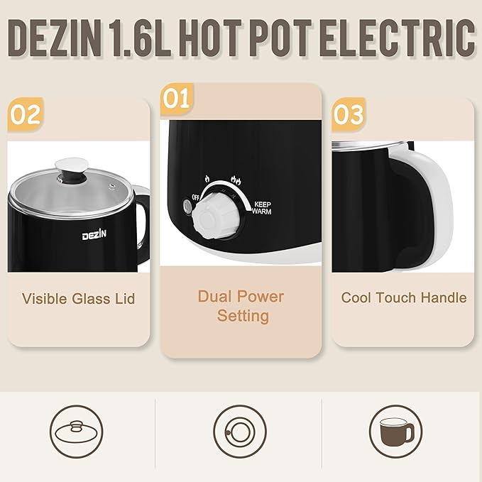 Dezin Hot Pot Electric, Rapid Noodles Cooker, Stainless Steel Electric Pot 1.6 Liter, Perfect for Ramen, Egg, Pasta, Dumpling, Soup, Porridge, Oatmeal with Temperature Control and Keep Warm Function