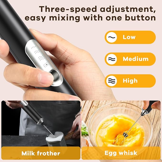 Milk Frother Handheld Rechargeable with Stand, Frother Wand Foam Maker 3 Speed Adjustable Drink Mixer with Detachable Stainless 2 Whisks Electric Coffee Frother Stirrer For Latte, Cappuccino, Egg