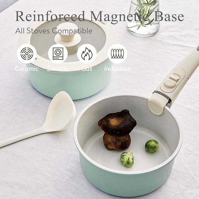 6 Piece Ceramic kitchen Cookware Set, 2QT And 3QT Pot with Lid And Removable Handles, Saucepans Cookware for Braising, Stews, Roasting, Bread Baking Green