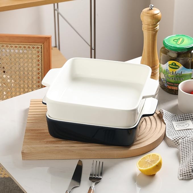 Sweejar Ceramic Baking Dish, 8 x 8 Cake Baking Pan for Brownie, Porcelain Square Bakeware with Double Handle for Casserole, Lasagna, Family Dinner (Navy)