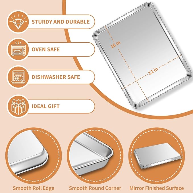 Stainless Steel Baking Sheet Set of 2, Deedro Cookie Sheet Metal Baking Pan Oven Tray, Non Toxic & Heavy Duty, Rust Free & Mirror Finish, Easy Clean & Dishwasher Safe, 16 x 12 x 1 Inch