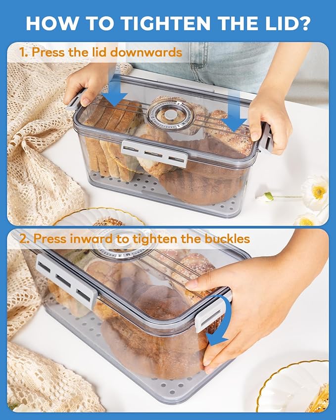 Dynta Bread Box 2 Pack Bread Storage Container Airtight Recording Time Bread Box for Kitchen Countertop Plastic Bread Keeper with Lid for Homemade Bread, Toast, Loaf, Cookies