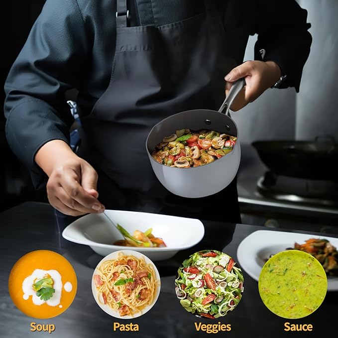 Ceramic Nonstick Tri-Ply Stainless Steel Sauce Pan with Steamer,2.5 Quart Small Multipurpose Pot with Pour Spout,Strainer Glass Lid, 2qt Saucepan for Cooking with Stay-cool Handle,Grey