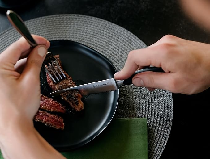 4-Piece Serrated Kitchen Steak Knife Set – Forged High Carbon Stainless Steel, Ultra Sharp, Ergonomic Black Handles, Durable Dinner Knives, Black Handle
