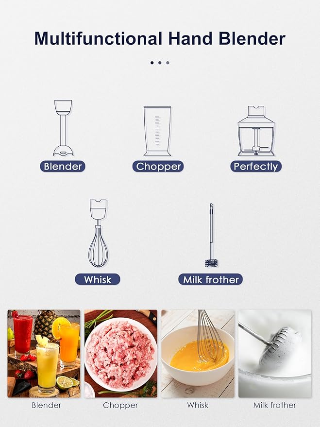 5-in-1 Hand Immersion Blender, 1000W Handheld, Copper Motor Stainless Steel Blade Stick, Mixing Beaker, Food Processor, Whisk, Milk Frother for Smoothies Puree Baby Food (Black)