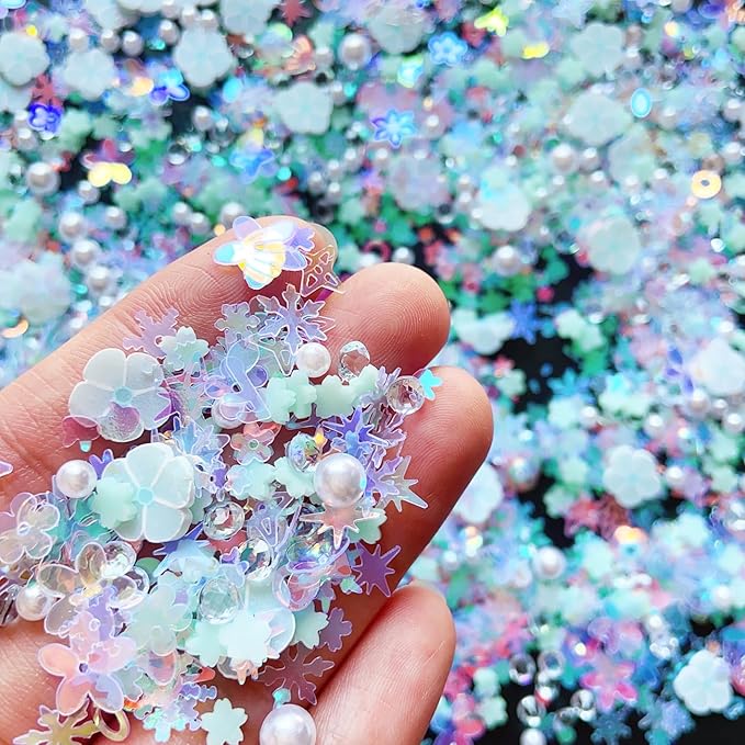 Sequins Holographic Polymer Clay Slices Nail Glitter 3D Holographic Snowflake Shell Butterfly Plum Blossom Nail Sequins Slices Polymer Clay Nail Decals for DIY Nail Decoration (Blue-53)