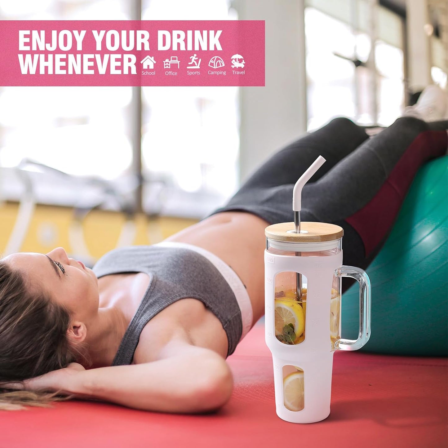 Glass Tumbler with Lid and Straw, 46 oz Iced Coffee Cup with Handle, Large Water Bottles with Silicone Sleeve, Glass Cup with Straws - Pearl Straw & Drinking Straw BPA Free-CottonPink