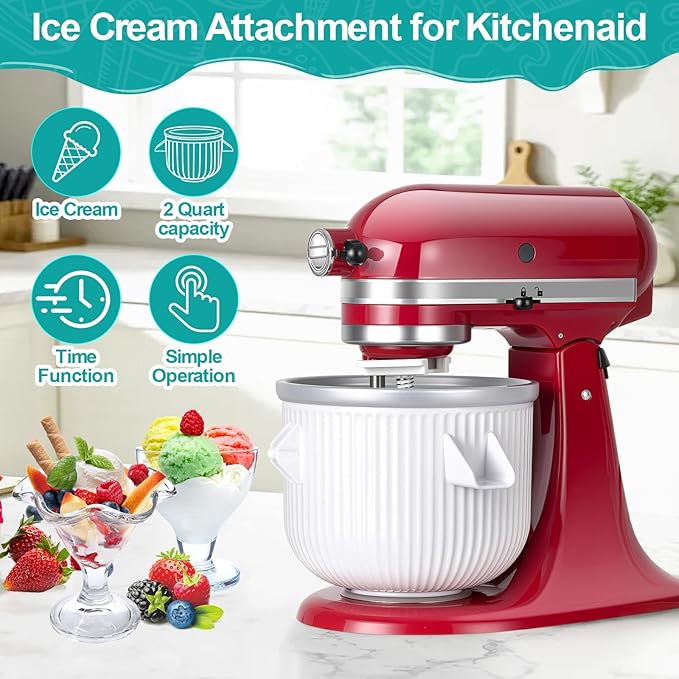 Ice Cream Maker Attachment for KitchenAid Stand Mixer, Ice Cream Bowl Compatible with 4.5Qt and Larger Stand Mixers, Ice Cream & Sorbet Gelato Maker Attachment, 2 Quart, White XTMZ