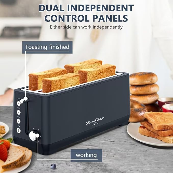 4-Slice Toaster, Extra Wide Long Slot Toaster with Warming Rack, 6 Browning Settings, Bagel/Defrost/Reheat Functions, Removable Crumb Tray, Stainless Steel Housing 1350W (1, Matte Blue)