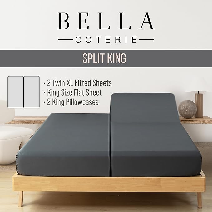 Bella Coterie Luxury Bamboo Viscose Split King Size Sheet Set | 100% Organically Grown | Ultra Soft | Cooling for Hot Sleepers | 18" Deep Pocket [Charcoal Grey]