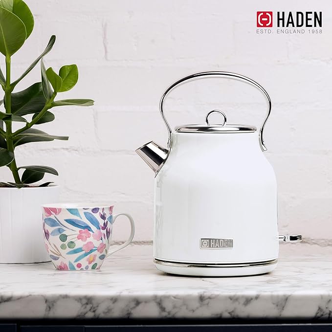 Haden Heritage 1.7 Liter Stainless Steel Electric Kettle, Hot Water Kettle with 360-Degree Base and Auto Shutoff, Ivory & Chrome