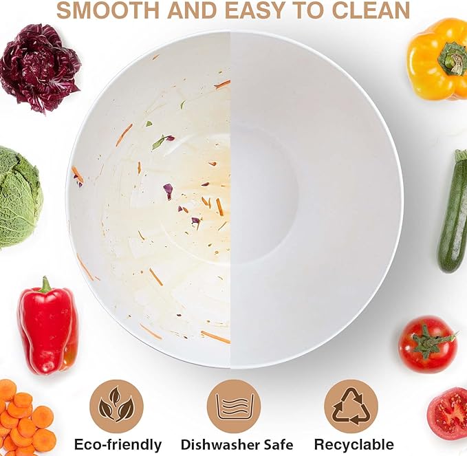 11.3" Extra Large Salad Serving Bowl Set with Wooden Lid&Utensils, 6.5Qt., Bamboo Fiber Salad Bowl with Servers for Kitchen, Lightweight Big Bowl for Mixing Salad,Fruit,Pasta - Matte White