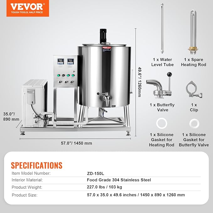 VEVOR Milk Pasteurizer 150L, Commercial Milk Pasteurization Machine, Food Grade 304 Stainless Steel, Professional Pasteurization with Time and Temperature Control, for Milk Juice Yogurt Sterilization