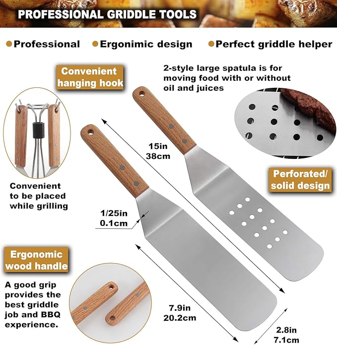 ROMANTICIST 8pcs Professional Griddle Accessories Kit - Heavy Duty Stainless Steel Grill Spatula Set for Grill Griddle Hibachi Flat Top Outdoor Cooking - Great Grill Gift on Birthday Wedding