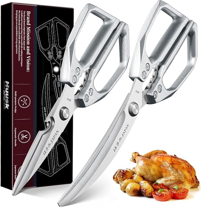 HUUSK Kitchen Scissors Set Silver - Stainless Steel Kitchen Shear, Sharp Meat Scissors Dishwasher Safe, Heavy Duty Poultry Shears, Japanese Cooking Scissor for Food, Chicken Bones, and Turkey