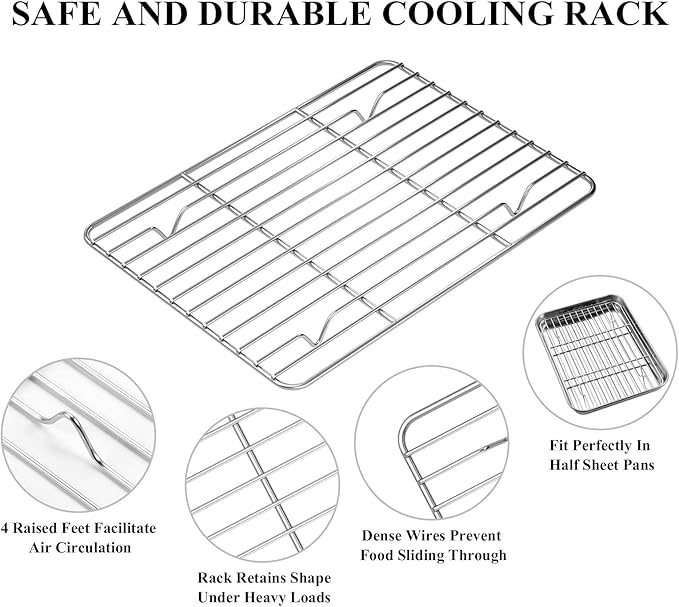 Deedro Baking Sheet with Rack Set [2 Sheets + 2 Racks], Stainless Steel Cookie Half Sheets Baking Pan Oven Tray with Cooling Rack, 9 x 7 x 1 Inch, Heavy Duty, Non-toxic, Easy Clean