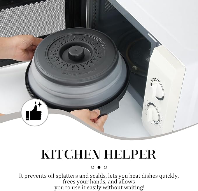 10.7 Inch Microwave Food Cover with Heat Insulation Mat, Anti-Scald Collapsible Microwave Splatter Cover, Multi-Functional as Colander & Fruit Plate, Dishwasher Safe, Ideal for Meal Prep (Black)