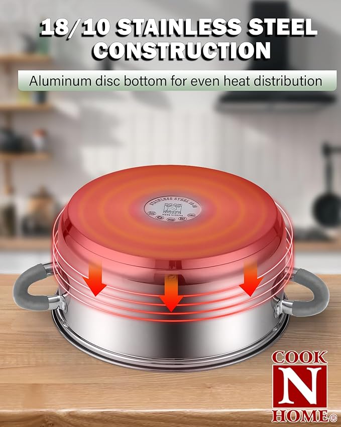 Cook N Home Kitchen Cookware Set, 12-Piece Basics Stainless Steel Pots and Pans Set with Grey Silicone Handle, Silver