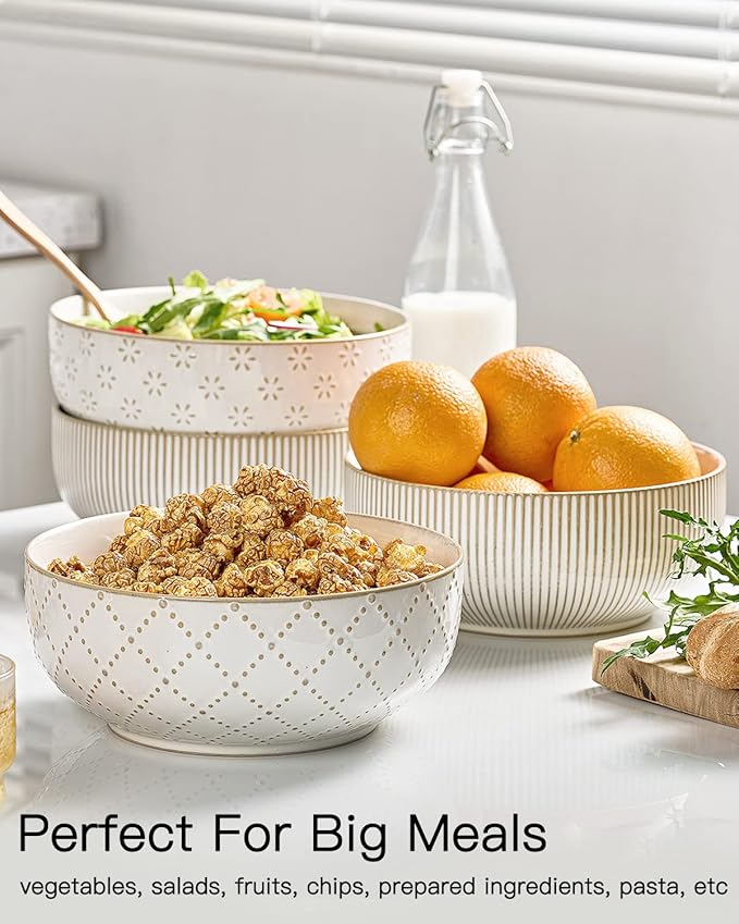 getstar Large Serving Bowls (8 inch & 60 fl oz), Ceramic Salad Bowl Set of 2, Microwave and Dishwasher Safe, Farmhouse Kitchen Decorative Bowls Set (Embossed Checks & Stripes)