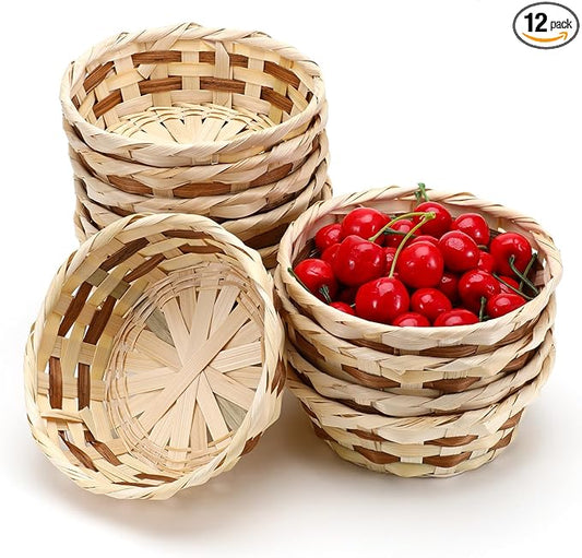 12 Pack Round Gift Baskets, 7" Small Bamboo Woven Bread & Fruit Baskets, Food Storage Serving Basket for Kitchen, Restaurant, Centerpiece Display, Party, Wedding