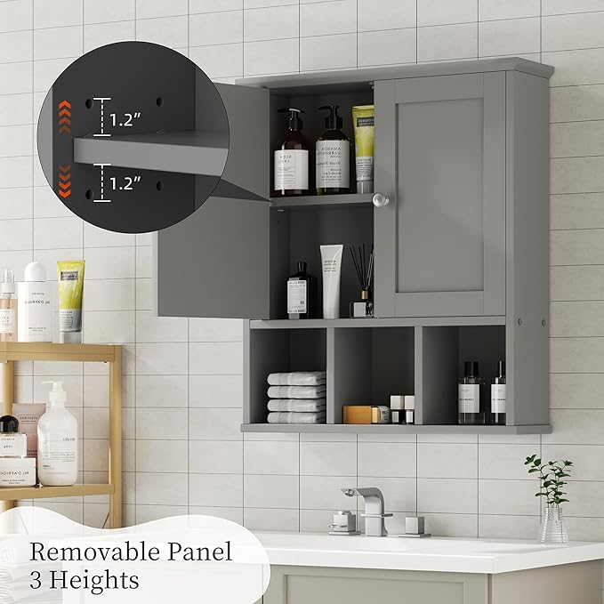 Shintenchi Bathroom Wall Cabinet with Door, Storage Organizer Over The Toilet Medicine, Space Saving with Adjustable & Open Shelf, Gray