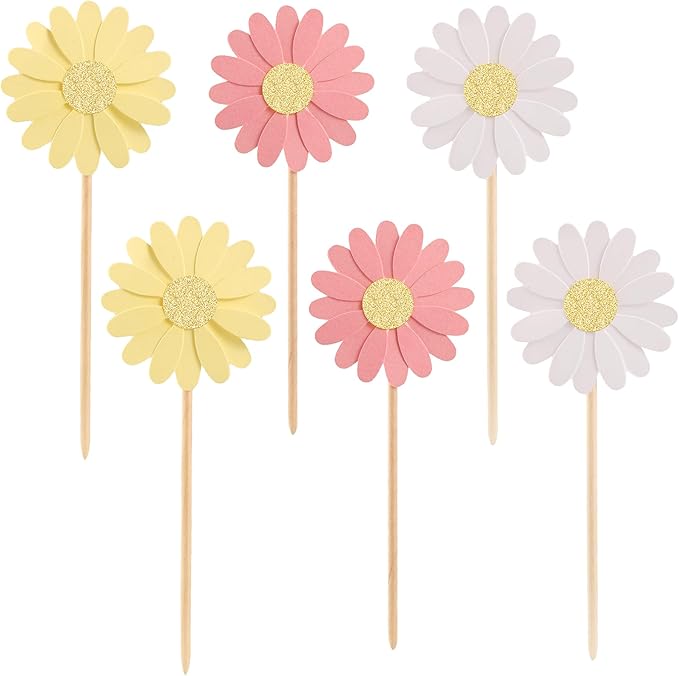 24Pcs Daisy Cupcake Toppers Glitter Flower Daisy Cake Decorations Chrysanthemum Cupcake Toppers Spring Daisy Flower Cake Picks for Birthday Wedding Supplies Multi 2