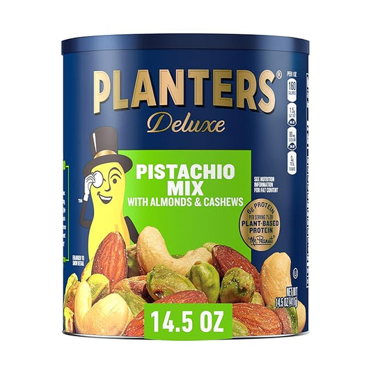 PLANTERS Deluxe Pistachio Mix, Party Snacks, Plant-Based Protein, 14.5 Oz Canister