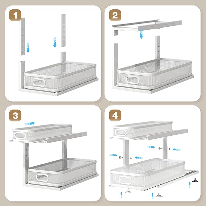2 Pack 21IN-Depth Under Sink Organizer With Next-Gen Ball-Bearing Slides,2-Tier Precision Mesh Pull Out Cabinet Storage for Bathroom&Kitchen,Height Adjustable Drawers Shelf,Anti-rust-White