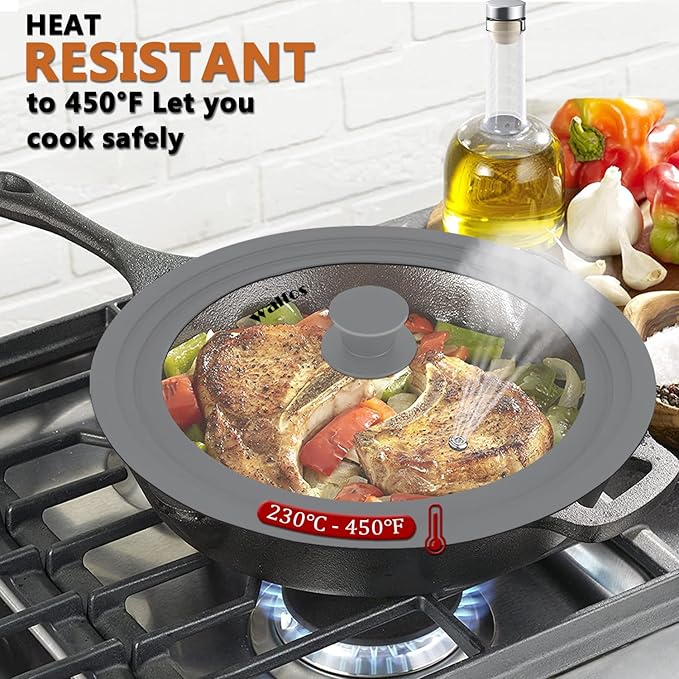 Walfos Universal Lid for 10.5", 11.5" and 12" Diameter Cookware, Fits Pots, Pans and Skillets - Walfos Tempered Glass Pan Lid with Heat Resistant Silicone Rim, BPA Free Pot Lids, Dishwasher-Safe, Gray
