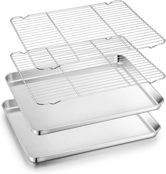 TeamFar Baking Sheet with Rack, 17.6 x 13 x 1 inch Stainless Steel Baking Pan Cookie Sheet Set with Cooling Rack for Baking/Roasting/Cooling, Non-Toxic & Heavy Duty, Dishwasher Safe - Set of 4