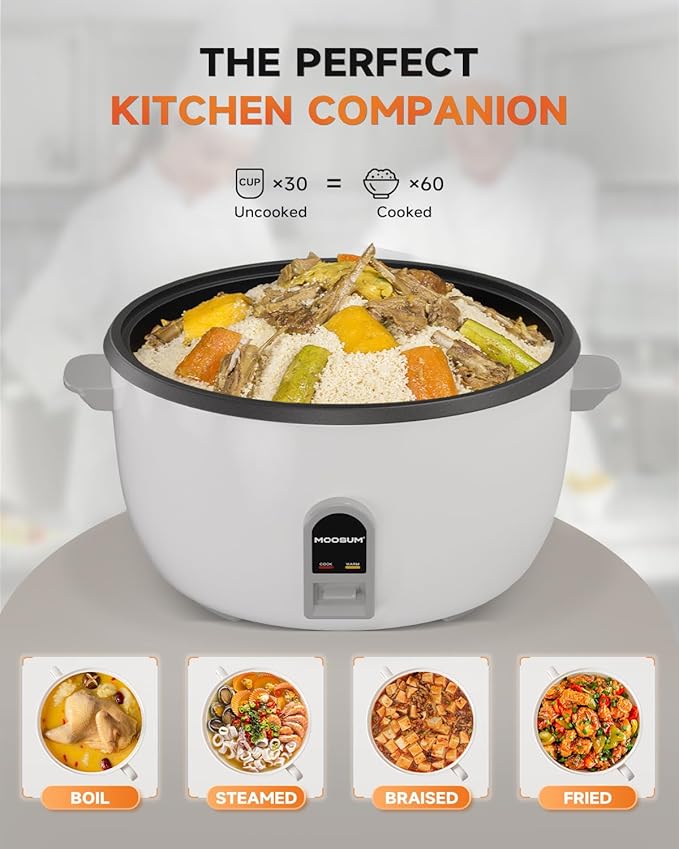 Commercial Rice Cooker, Large Capacity 30-Cup (UnCooked), 60-Cup (Cooked) with One Touch Operation and 12-Hour Keep Warm,Easy to Use and clean,1600W