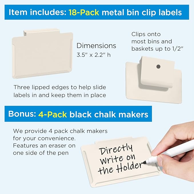 Metal Pantry Baskets Labels Clip On for Storage Bins | Edge Fold-Cream (Edge Fold-Cream, 18 Metal Label Clip)