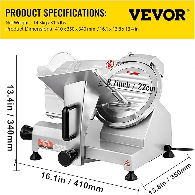 VEVOR Commercial Meat Slicer, 200W Electric Deli Food Slicer, 0-12mm Adjustable Thickness Electric Meat Slicer, 1200RPM Meat Slicer with 8.7'' Chromium-plated Steel Blade for Home & Commercial Use