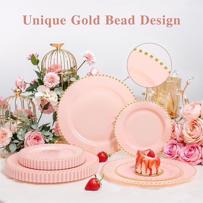 supernal 100pcs Pink Plastic Plates with Gold Beads Plates Disposable Heavy Duty Party Supplies Includes 10.25inch Dinner Plate and 7.5inch Dessert Disposable Plate for Party,Wedding,Bridal Showers