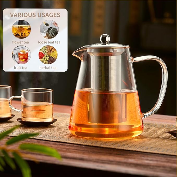 Glass Teapot (25oz/750ml) MJZQCD with Removable Stainless Steel Infuser,Glass Tea Pot transparent Stovetop tea Kettle,Blooming and Loose Leaf Tea Maker,Microwave & Dishwasher Safe