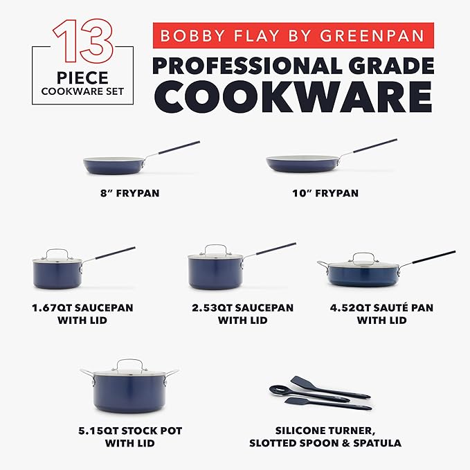 GreenPan x Bobby Flay 13 Piece Nonstick Cookware Pots and Pans Set, PFAS-Free Diamond Ceramic, Induction Suitable, Easy Clean Dishwasher & Oven Safe, Stay-Cool Silicone Handles, Glass Lids, Navy Blue
