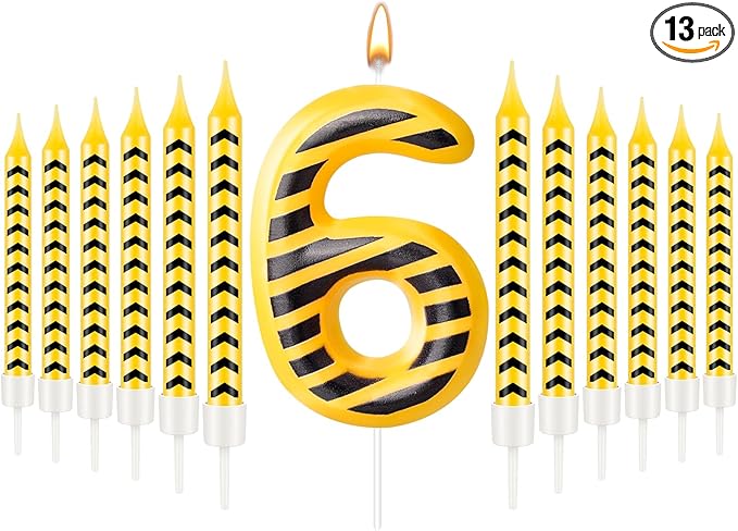 13 Pcs Construction Themed Birthday Candles Set Yellow and Black Number 6 Candle Cake Topper for Construction Party Decoration Supplies (Number 6)