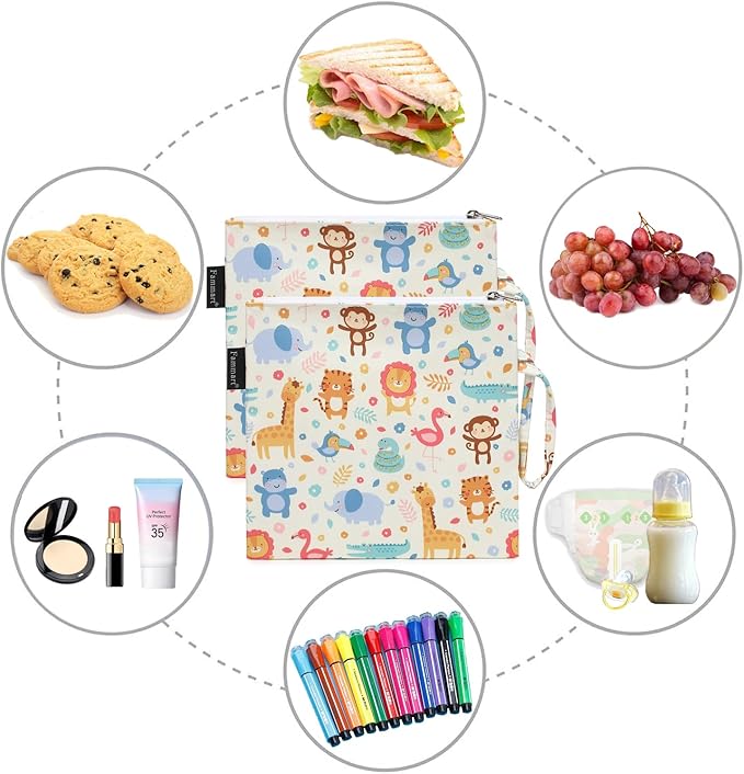 Reusable Sandwich Bag/Snack Bag for Kids & Adults, Dual Layer Lunch Bag with Handle, Washable, Food Safe, BPA Free (2-Pack, Zoo)